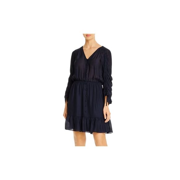 PARKER Womens Navy Ruffled Sleeve V Neck Short Wear To Work Fit + Flare Dress S - Picture 1 of 4